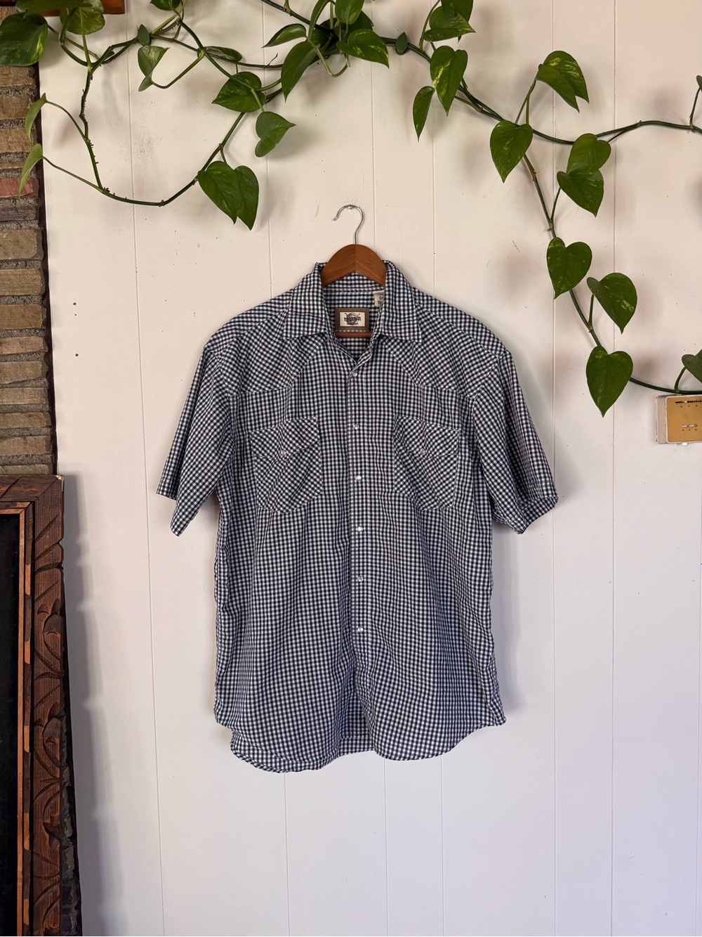 Wrangler Navy and White Gingham Short-Sleeve Button-Down pearsnap